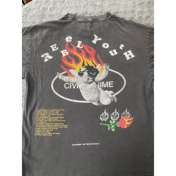 Civil Regime M Rebel Youth Angel Fire Black Washed Distressed Oversized Tee - Picture 6 of 12